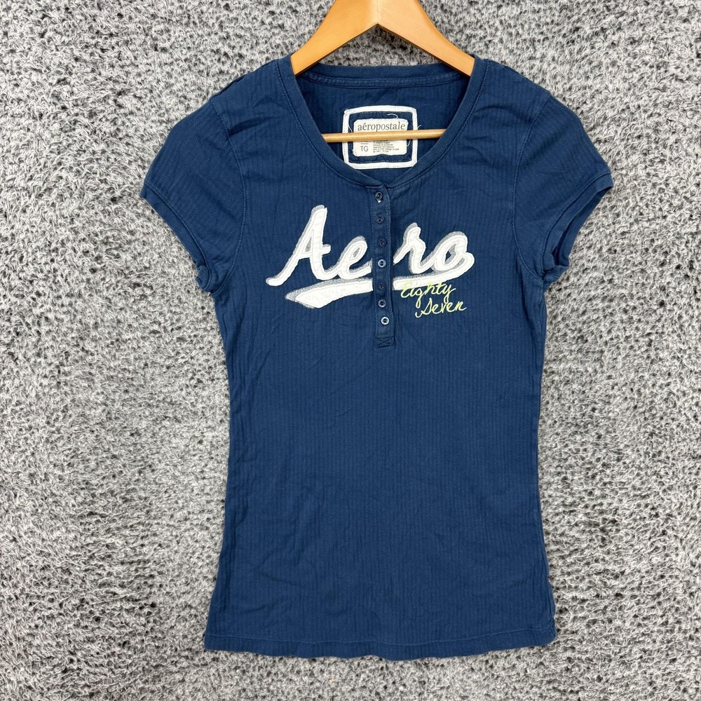 Vintage Y2K Aeropostale Babydoll Top Womens XL Blue Ribbed Shirt
